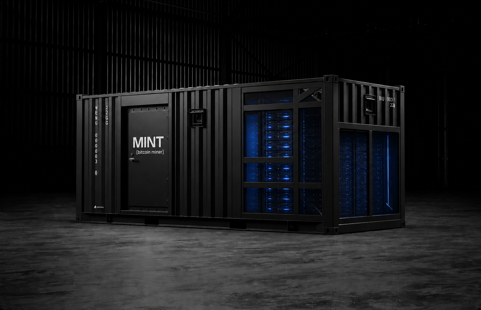 Compute — Firma Edge MINT [bitcoin miner] container with blue-lit miner racks
